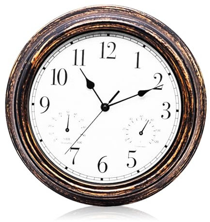 Horloge de jardin résistante aux intempéries - Étanche - Horloge murale d'extérieur étanche - Avec thermomètre et hygromètre - Horloge murale pour l'intérieur et l'extérieur - Pour cuisine, salon
