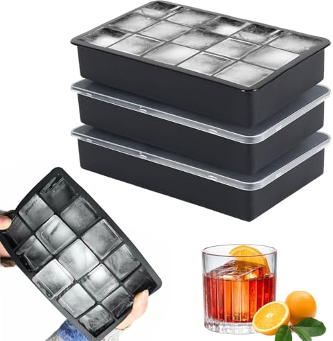 Spetsbst 3-pack isbitsform silikon svart 15 fack isbitsbehållare med lock, iskub bricka för cocktail whiskykaffe (M)