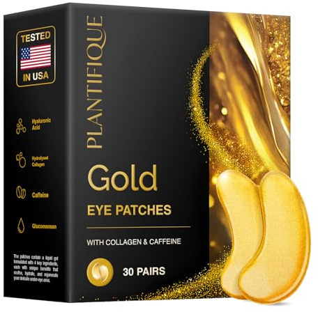 Plantifique 24K Gold Under Eye Patches, 30 Pairs Under Eye Gel Patches for Dark Circles with Collagen & Caffeine, Cooling Eye Mask for Puffy Eyes and Bags, Gel Eye Pads, Under Eye Masks Skincare