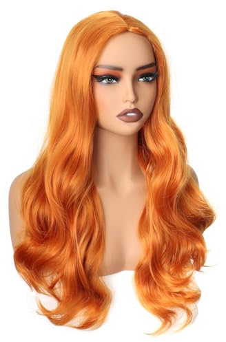 Colorfulpanda lång vågig orange peruk damer, lockig full naturlig syntetiskt hår kostym charmig peruk för kvinnor flickor karneval karneval party halloween cosplay,65 cm (ingår)