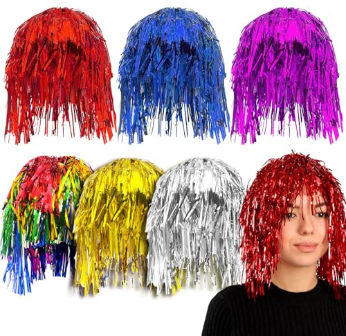 FUIPVGI 6 Pezzi Parrucca Tinsel, Set Parrucca Colorato Universale, Parrucche Costume per Halloween, Carnevale, Natale, Cosplay, Disco Party, Feste a Tema (Multicolore)