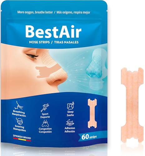 Cerotti Nasali Antirussamento BESTAIR – Strisce Nasali per Respirare Meglio, Ridurre il Russare e Alleviare la Congestione – Dilatatore Nasale Ipoallergenico per Sonno e Sport – 60 Pezzi