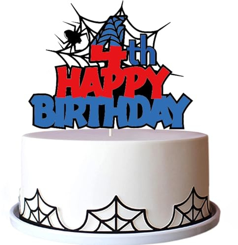 Tourima Glitzer Spider Happy Birthday Cake Topper Geburtstag 4 Jahre Junge, Tortendeko Geburtstag für Kinder, Geburtstagsdeko Jungen 4 Jahre, Kuchendeko für Kindergeburtstag Deko, Happy Birthday Deko