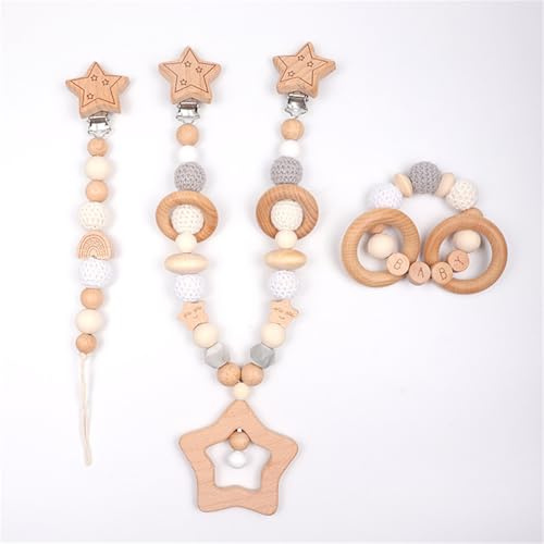 Ueiwffzo Kinderwagen Kette 3 Stück, Kinderwagenspielzeug Holz und Gestrickte Bälle Sterne Liebe Donuts Gehäkelt Babyspielzeug, Kinderwagenkette für Neugeborene Geschenke (Sterne)