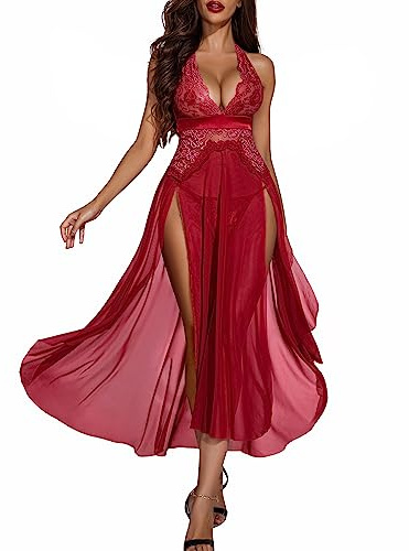 Avidlove Damen Spitze Babydoll Sexy Neckholder Lang Nachthemd Weinrot XL