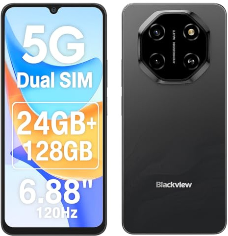 Blackview Smartphone Shark 6 5G avec IA, 24GO+128GO, Écran 6.88 HD+ 120Hz, 3 Assistants IA Intégrés, Caméra 16MP+8MP, Batterie 5000mAh, Double SIM 5G, Android 15 Téléphone Débloqué, GPS NFC, Noir