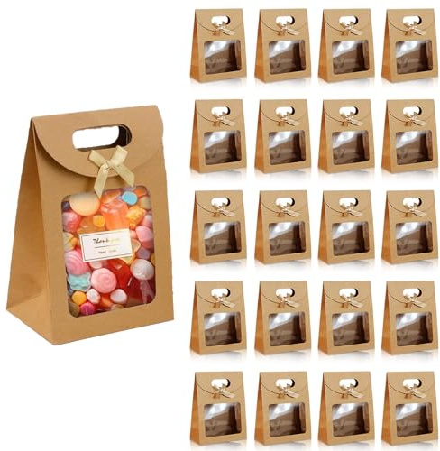 20 Stück Geschenktüte Mit Fenster,Geschenk Tüte,Geschenktüten Klein,16 * 12 * 6cm Braune Papiertüten,Geschenktüten Mit Griffen,Kraftpapier Geschenktüte Mit Fenster,Für Verpacken Süßigkeiten Keksen