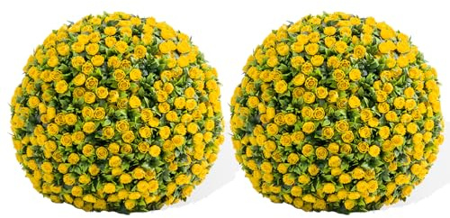 Buchsbaumkugel 2er-Set, 40cm Dekokugel mit Blumen, UV-beständig Kunstpflanze Dekopflanze mit Kette, Künstliche Pflanze Kugelpflanze für Hochzeit, Buchsbaum Kugel Formschnittball für Haus Balkon - Gelb