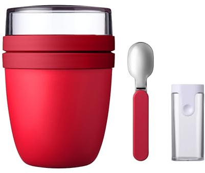 Mepal - Klapplöffel Set mit Lunchpot Ellipse - Praktischer Joghurtbecher & Müslibecher - Unterteilung für Joghurt & Müsli - Geeignet für Gefrierschrank, Mikrowelle & Spülmaschine - Campus Red