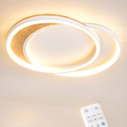Deckenlampe Wohnzimmer LED Deckenleuchte Massivholz 36 cm, 2 Ringe, 32W, dimmbar Fernbedienung, Nachtlicht & Memory-Funktion, Moderne Deckenbeleuchtung für Schlafzimmer, Küche, Flur, Esszimmer, Büro