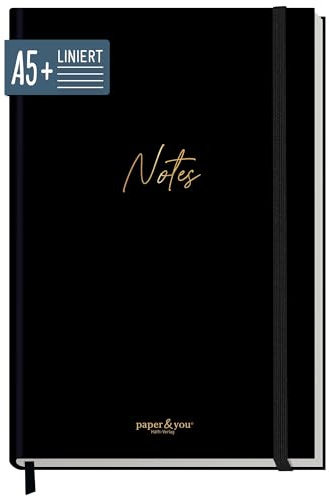 paper&you® Notizbuch A5+ liniert mit Gummiband Black Edition 156 Seiten, 78 Blatt, 100 g/m² Premium-Papier - als Journal, Tagebuch, Notizheft - nachhaltig & klimafreundlich