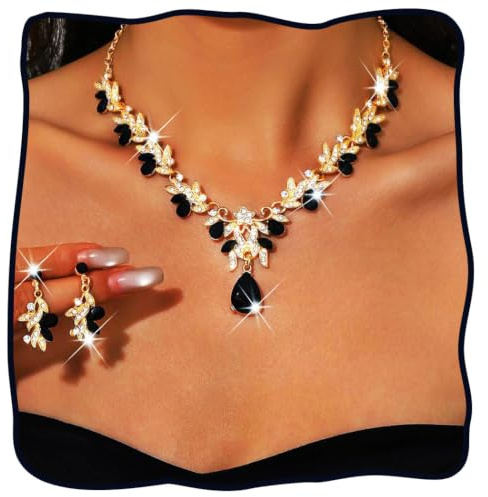 Handcess Ensemble de bijoux de mariée avec collier et boucles d'oreilles en strass scintillant pour femme (noir)