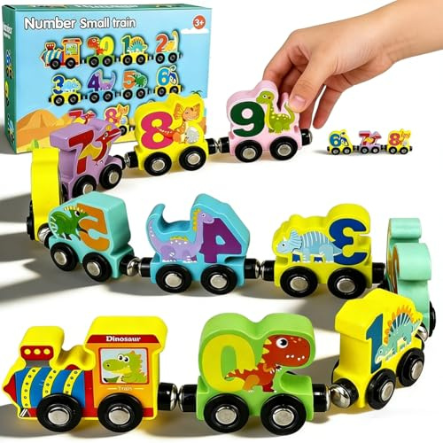 Dinosaur Train Set,Wooden Train Toys for Toddlers, Animals Track Mat Set Birthday Presents for Toddlers,Learning & Development Toys for Toddler Boys Girls - A