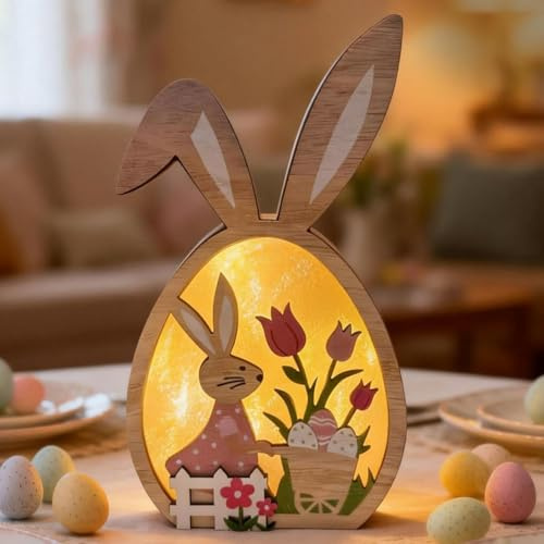 Kaezuy Osterdeko Holz Hase mit LED Licht, Frühlingsdeko Holz Osterhase zum Hinstellen, Tischdeko Osterhase Lampen, Osterdekoration Geschenke für Draußen Innen Party Dekoration (Gefaltete Ohren)