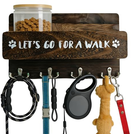 VEGOATY Perchero para perros con estantes: tablero para llaves para perros con 4 ganchos, ahorra espacio, práctico tablero para llaves con estante, para pasillo y entrada, color marrón