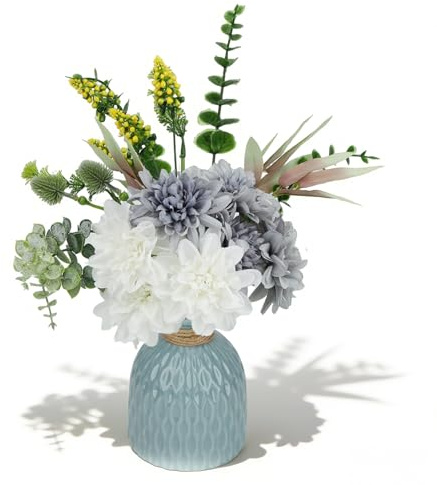 Tefola Jarrón, flores artificiales azules, decoración de mesa, flores artificiales, hortensias artificiales, flores artificiales con jarrón para el hogar, jardín, fiesta, boda, decoración