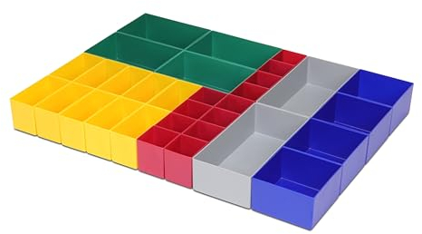 1a-TopStore 32-teiliges Universal-Einsatzkasten-Set, Gelb, Grün, Rot, Grau, Blau, Polystyrol PS, 600x440x63 mm (LxBxH), für Schubladeninnenmaße von 600 x 440 x 63 mm, Industriequalität