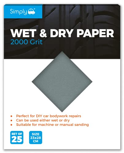 Simply WD2000 Wet & Dry Polishing Paper 2000 Grit, Pack of 25, 230mm x 280mm, Perfect for DIY Car Bodywork Repairs, Machine, Manual Sanding, Furniture and Home Improvement