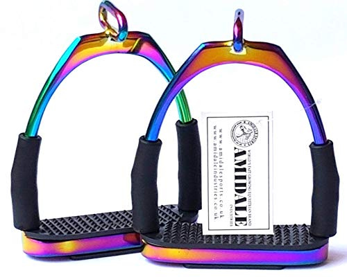 AMIDALE RAINBOW OFFSET EYE FLEXI SAFETY STIRRUPS OPTIMUM LEG POSITION HORSE RIDING IRONS STAINLESS STEEL 4.75 BNWT