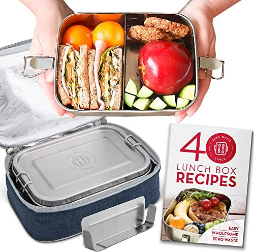 Boîte à déjeuner en acier inoxydable avec sac,Séparateur Bento amovible,Couvercle anti-fuite,Récipient pour salades, collations, restes,Plus livre de recettes de boîte à déjeuner,Taille moyenne