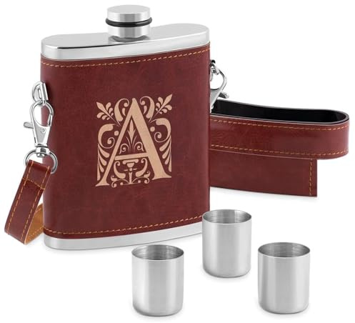 Maverton Flasque en Acier Brossé 250 ml | Pochette Personnalisée en cuir en marron foncé, 3 x 12 ml verres à shot en acier inclus, Pour les hommes, Lettre