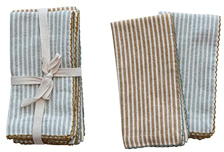 Creative Co-Op Square Cotton Napkins with Scalloped Edge and Stripes, Set of 4, Multicolor