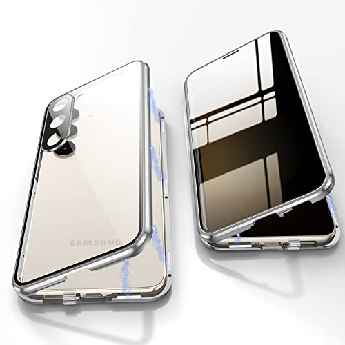 Jonwelsy Anti Peeping Hülle für Samsung Galaxy S23 Plus, 360 Grad Schutz Case, Privatsphäre Gehärtetes Glas Anti-Spähen Cover, Stark Magnetische Adsorption Metallrahmen Handyhülle für S23+ (Silber)