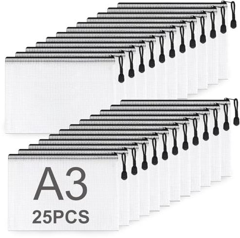 ASelected 25 Stücke Dokumententasche A3 Reißverschluss, Mesh Kunststoff Reißverschlusstasche Schwarz, Datei Taschen mit Reißverschluss A3 Zipper Taschen für Datei,Dokumente,Hausaufgaben,Reisezubehör