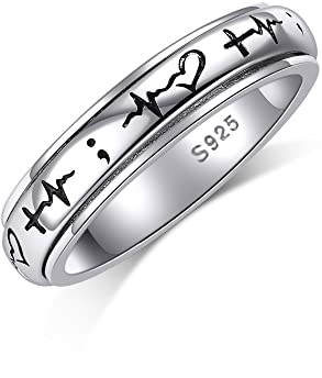 Fidget Ring Sterling Silber Herzschlag Angst Ring Semikolon Spinner Band Ring Stress Entlastung Schmuck Geschenke für Frauen Männer (Semikolon Spinner Ring, 8)
