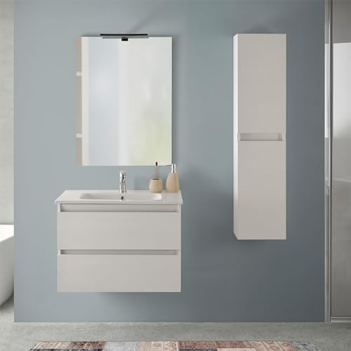 Inbagno Mobile Bagno Sospeso 70 cm Rovere Bianco – Composizione Con Lavabo In Ceramica, 2 Cassettoni Soft-Close E Pensile Colonna 125 cm – Linea Nadia
