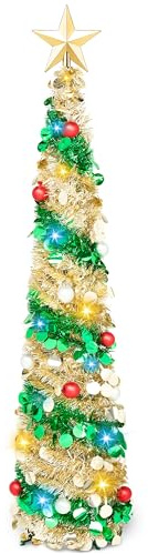 JOIEDOMI Espumillón de árbol de Navidad amarillo desplegable de 5 pies con luces, decoración de árbol de Navidad y adornos, decoraciones plegables delgadas con temporizador para fiestas de vacaciones