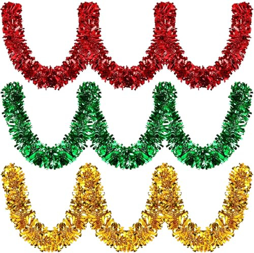 MARFOREVER Weihnachtsgirlande, 6M Lametta Girlande Lametta Weihnachtsbaum Girlande Weihnachten für Weihnachten Feiertage Party Hochzeit Winter(Rot Grün Gold)