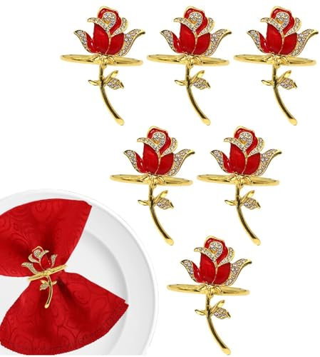Roségoldene,Blumen, 6X Blumenschnallen aus Zinklegierung, Handgefertigter geflochtener Gras-Serviettenring, Valentinstag-Serviettenhalter, Tischdekoration für Feiertagshochzeiten