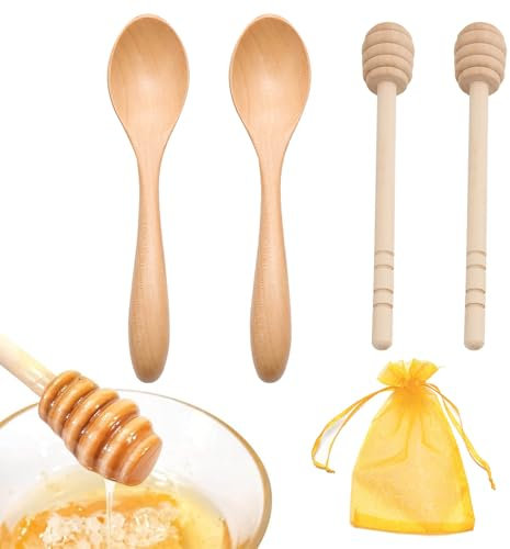 4 PCS Honey Spoon Honey Dipper Honey Spoon Wooden Honey Stick Wooden Honey Spoon Easy to Clean Comes with a Gold Storage Bag for Stirring Honey Tea Coffee Jam and Wedding Party Gifts