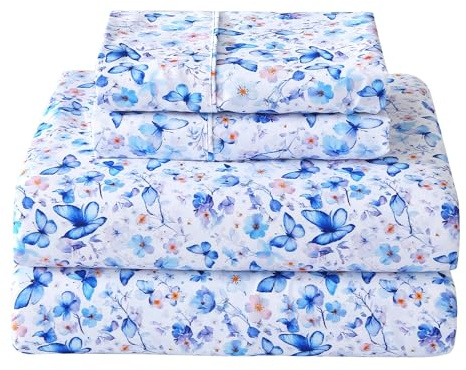 Softan Twin Floral Sheets, Microfiber Blue Flower Printed Fitted Sheets with Non-Slip Corner Straps and 15 Deep Pocket, Butterfly Patterned Cozy Bed Sheets, Single Sheets & Pillowcase Sets