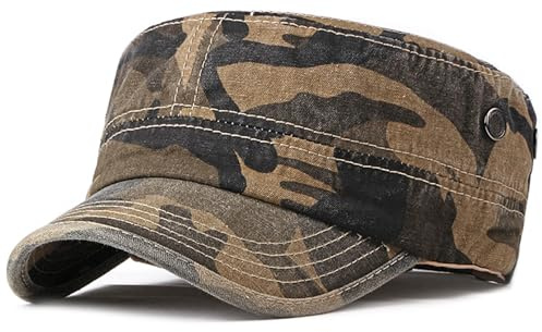Malaxlx Brown Camo Military Cadet Army Cap for Men Women – Washed Cotton Vintage Adjustable Flat Top Hat