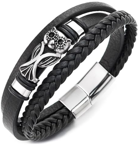 COOLSTEELANDBEYOND Herrarmband svart flätat läder med vintage uggla hänge rostfritt stål stängning gotisk punk