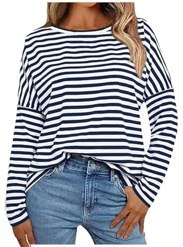 Long Sleeve Women's Tops Shirt Blouse Long Sleeve Shirts for Women Casual Crew Neck Striped T-Shirts 2024 Trendy Blouses, navy, L