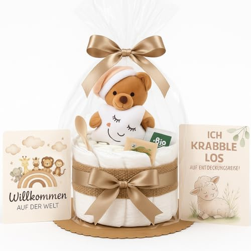 Gâteau de couches pour fille et garçon avec ours en peluche – Boho Vintage [fait à la main] – Cadeau de naissance pour bébé, avec doudou, couches de qualité supérieure, cuillère pour bébé et thé bio