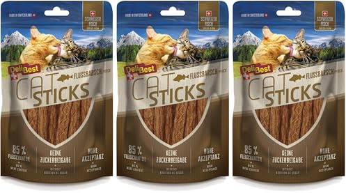 DeliBest Cat Sticks aus 100% Schweize Flussbarsch I Katzen Leckerlies getreidefrei I Katzensnack ohne künstliche Zusatzstoffe I Allergiker geeignet I 50g (Packung mit 3)