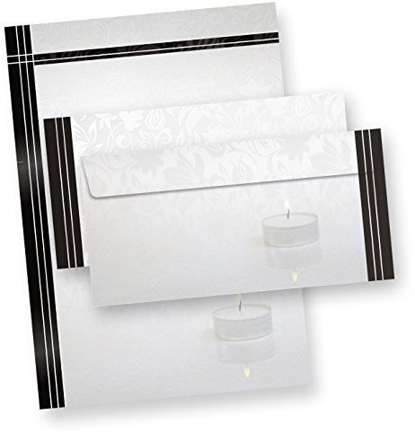 TATMOTIVE Trauer-Briefpapier 100 Sets mit Umschlägen ohne Fenster | DIN A4, 90g/qm, beidseitig bedrucktes Motivpapier, DIN lang, selbstklebend mit Haftstreifen