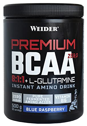 Premium BCAA 8:1:1+L-Glutamine (500g) Blue Raspberry Flavour, Recovery Combination of Amino Acids with Kyowa Quality® L-Glutamine, Vitamin B6, Increases and Protects Muscle Mass, Zero Sugar, Vegan