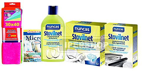 SET STOVILNET LAVASTOVIGLIE BRILLANTI 250ML+LAVASTOVIGLIE SALE RIGENERANTE+DETERSIVO IN PASTIGLIE PER LAVASTOVIGLIE+PANNO GAMEX+Pacco 5 Pezzi Panni Microfibra 30X40 cm