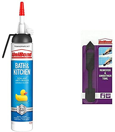 UniBond 2646327 Bath & Kitchen Sealant, Mould Resistant Transparent Silicone Sealant & Sealant Remover and Smoother Tool, Easy-to-Use Sealant Finishing Tool, 2-in-1 Plastic Sealant Tool, Black