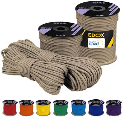 EDCX 4 mm Poli Paracord 550 (15, 30, 50, 100 y 300 m) - Tipo III, Cuerda 100% Nailon, Cuerda de 7 hebras, Cuerda de Nailon de 4 mm (Beige, 15 m)
