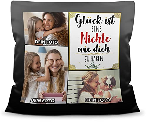 PR Print Royal Kissen selbst gestalten Satin - mit 3 Fotos Bedrucken - Glück ist eine Nichte wie Dich zu haben - Geschenk Geburtstag Weihnachten - Fotokissen satiniert inkl. Füllung, 40x40 cm