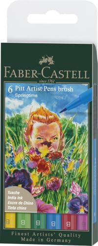 Faber-Castell - Tuschestifte Pitt Artist Pen Springtime, 6 Farben | Wasserfeste und lichtbeständige Zeichentusche, Pinselstifte für frühlingshafte Illustrationen
