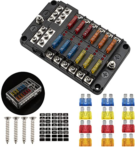 FanPaYY Portafusibili 12V Scatola, 12 Vie Porta Fusibili Distributore Corrente con indicatore, Portafusibile Lama per Auto, Barca, SUV, Camper, Moto