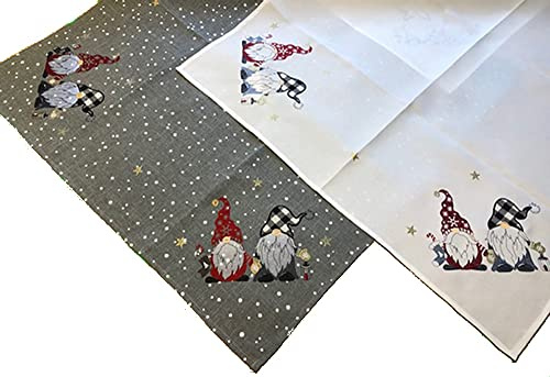 texpot Tischläufer 40 x 85 cm hellgrau mit Stickerei Wichtel Winter Advent Weihnachten
