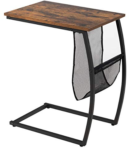 GOPLUS Beistelltisch in C-Form Couchtisch mit Seitentasche, Kaffeetisch mit Verstellbaren Füßen, aus Eisen Holz, im Industriedesign, für Wohnzimmer Schlafzimmer, Schwarz
